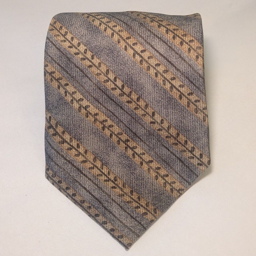 Donna Karan New York Silk Necktie Mens Gray Gold Stripe Woven Tie Italian Silk